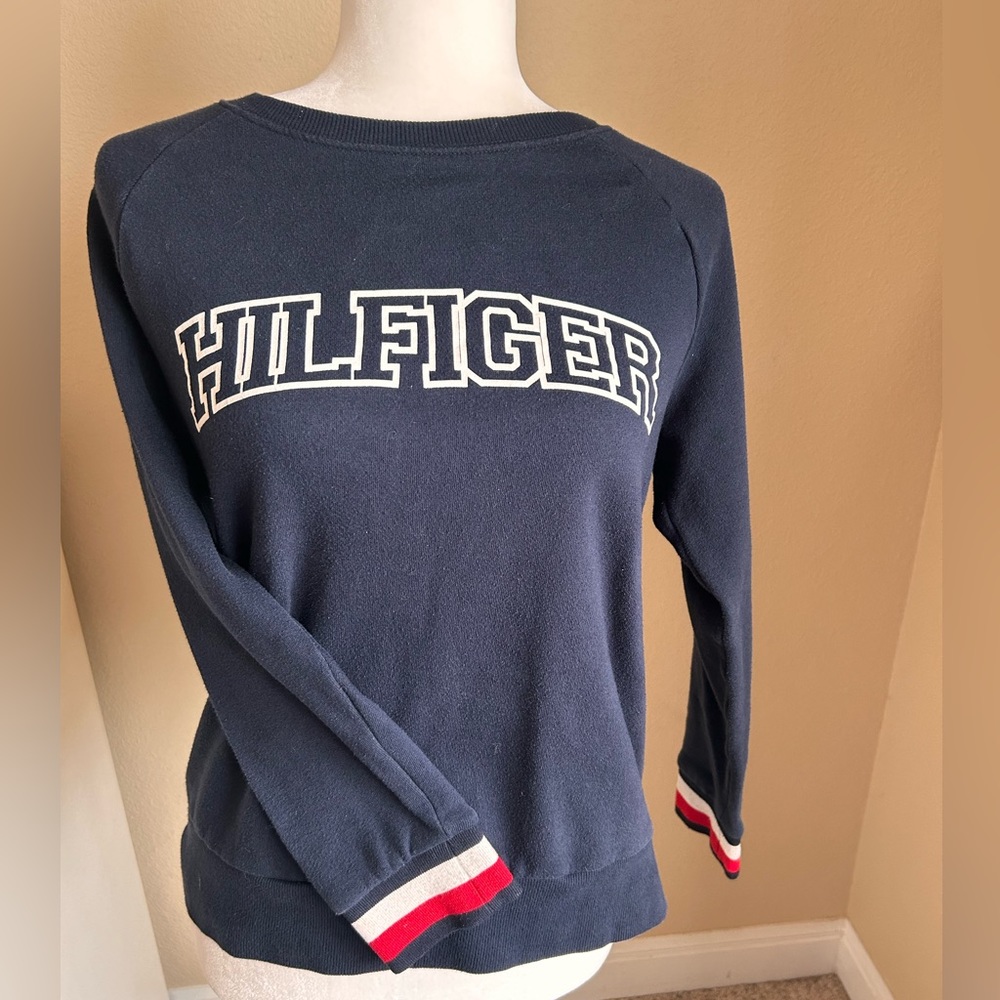 Vintage Tommy Crew Neck Crop Pullover Orig Signature Cuff Tommy Hilfiger